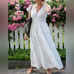 White Maxi Dress with Pockets, Cap Sleeves, Tiered Skirt: Marea Annabelle Dress